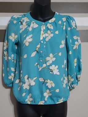 NWOT LOFT Teal Floral Button-Front Bubble Hem 3/4 Sleeve Blouse Sz XXSP
